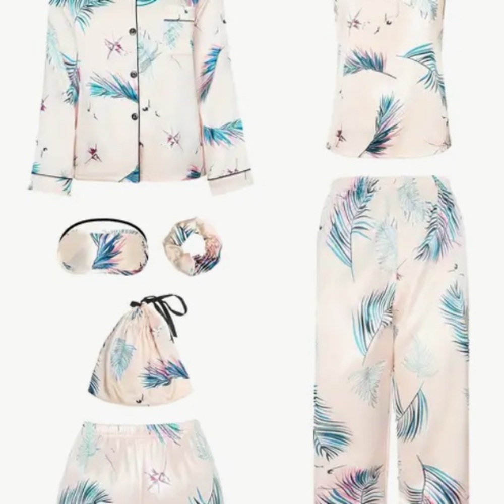 Tropical Print Pajama Set Cami Long and Short Pants Eye Mask 7 Pieces Gift Set